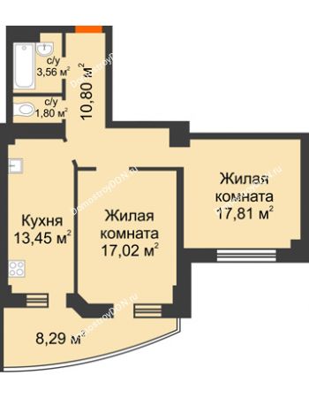 2 комнатная квартира 66,92 м² в ЖК Звезда, дом № 1