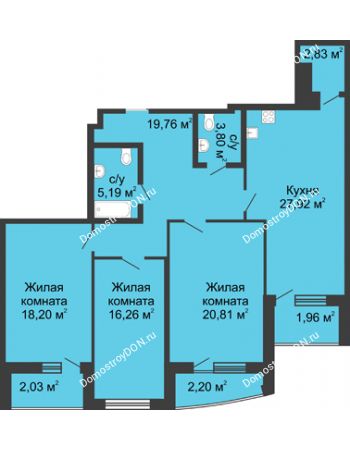 3 комнатная квартира 126 м² в ЖК Тихий Дон, дом № 3