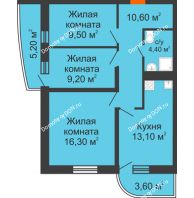 3 комнатная квартира 66,4 м² в ЖК Звезда Столицы, дом Литер 7 - планировка