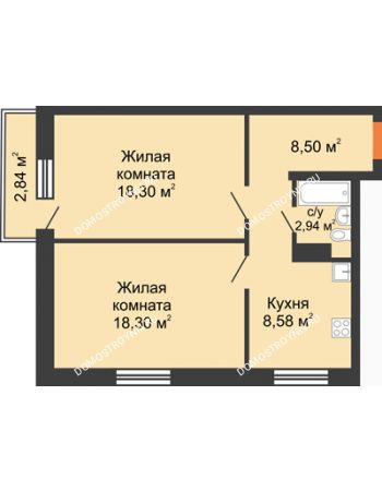 2 комнатная квартира 57,47 м² в ЖК Мончегория, дом № 6