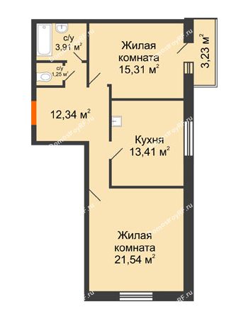 2 комнатная квартира 68,73 м² в ЖК Бограда, дом № 2