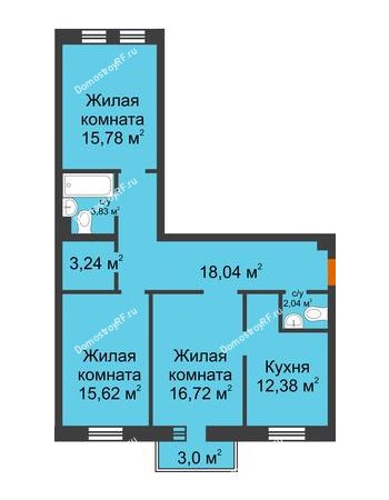 3 комнатная квартира 88,55 м² в ЖК Новоостровский, дом № 2 корпус 1
