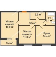 2 комнатная квартира 64,3 м² в Микpopaйoн  Преображенский, дом № 22.3 - планировка