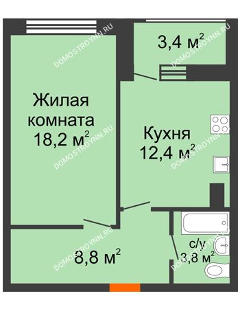 1 комнатная квартира 44,9 м² в ЖК Подкова на Родионова, дом № 2