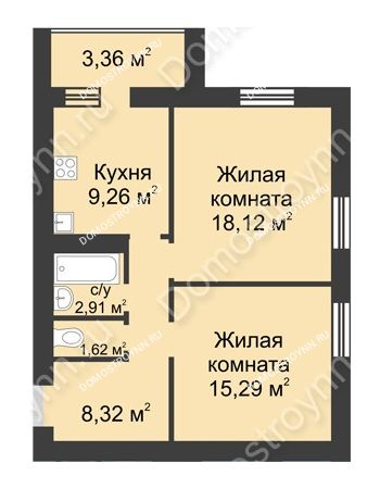 2 комнатная квартира 58,88 м² - ЖК Буревестник