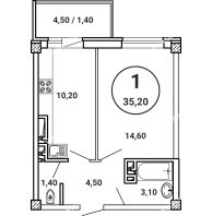 1 комнатная квартира 35,2 м² в ЖК Лебедь, дом № 50 - планировка