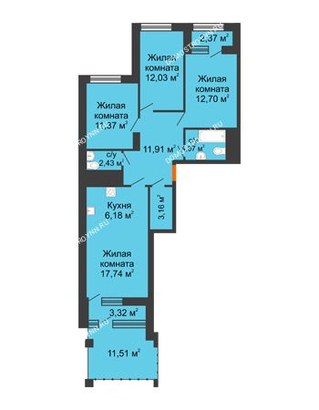 3 комнатная квартира 87,89 м² в ЖК Дом на Набережной, дом № 1