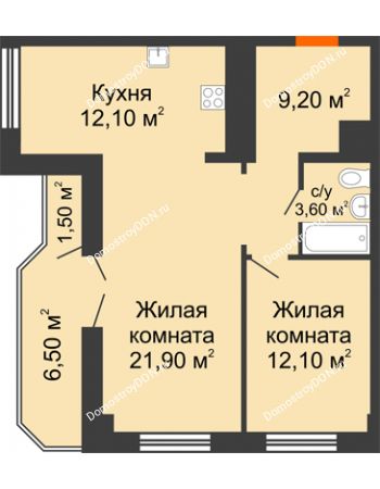 2 комнатная квартира 61,6 м² - ЖК Дом на Целиноградской, 12