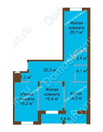 3 комнатная квартира 103,1 м² в ЖК Монолит, дом № 89, корп. 1, 2