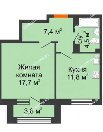 1 комнатная квартира 43,3 м² в ЖК Цветы 2, дом № 7