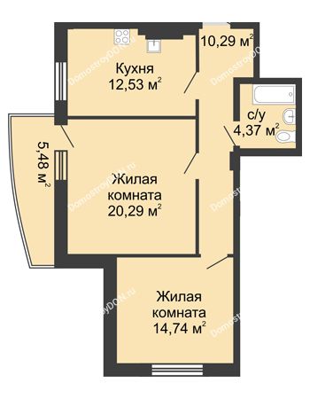 2 комнатная квартира 67,7 м² в ЖК Тихий Дон, дом № 2