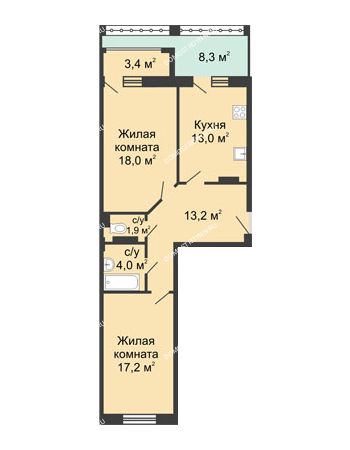 2 комнатная квартира 71,5 м² - ЖК Дом на Свободе
