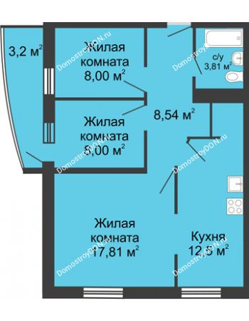 3 комнатная квартира 63,23 м² - ЖК Центральный-2