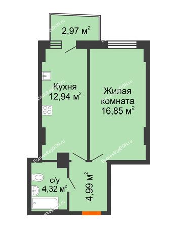 1 комнатная квартира 39,99 м² в ЖК Сердце Ростова 2, дом Литер 8