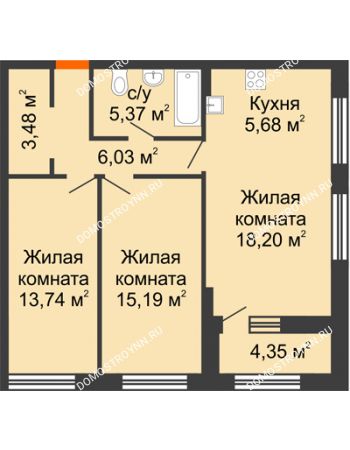 2 комнатная квартира 69,87 м² в ЖК Дом на Набережной, дом № 1