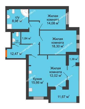 3 комнатная квартира 91,89 м² в ЖК Измаильский экоквартал, дом 1 этап