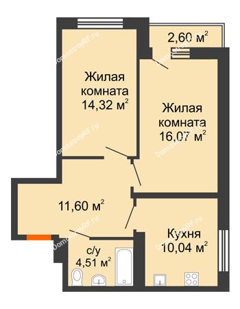2 комнатная квартира 57,32 м² в ЖК Журавли, дом №2