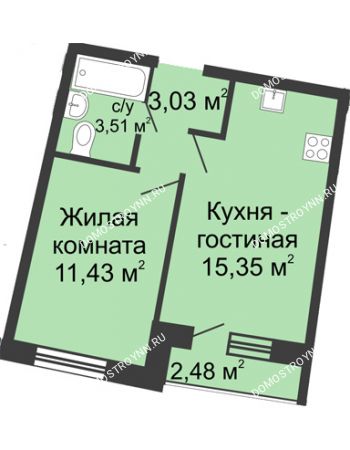 1 комнатная квартира 34,39 м² в ЖК Ватсон, дом № 5