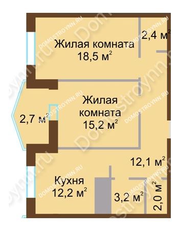 2 комнатная квартира 68,3 м² в ЖК Монолит, дом № 89, корп. 1, 2