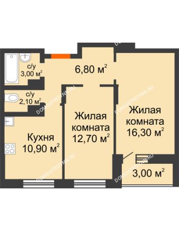 2 комнатная квартира 54,8 м² в ЖК Подкова на Цветочной, дом № 8