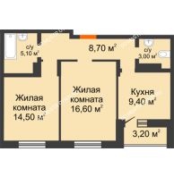 2 комнатная квартира 60,5 м² в ЖК Подкова на Цветочной, дом № 8 - планировка