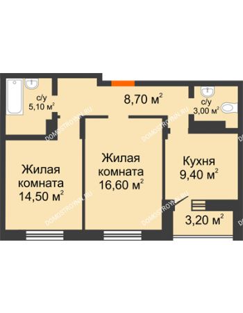 2 комнатная квартира 60,5 м² в ЖК Подкова на Цветочной, дом № 9