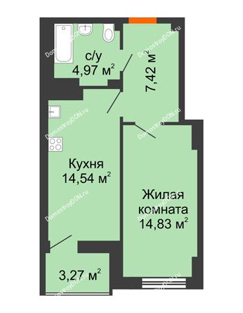 1 комнатная квартира 43,4 м² в ЖК Аврора, дом № 3
