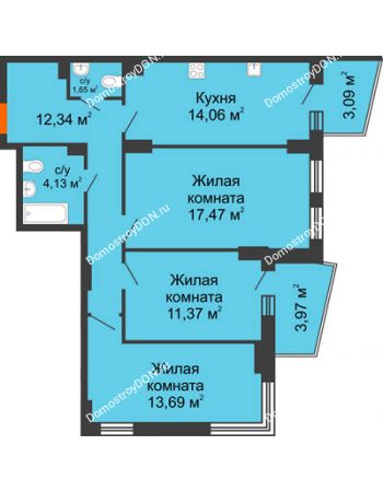 3 комнатная квартира 77,59 м² в ЖК Сердце Ростова 2, дом Литер 8