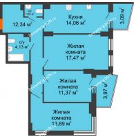 3 комнатная квартира 77,59 м² в ЖК Сердце Ростова 2, дом Литер 8 - планировка