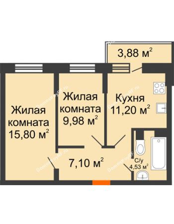 2 комнатная квартира 49,77 м² в ЖК Россинский парк, дом Литер 1