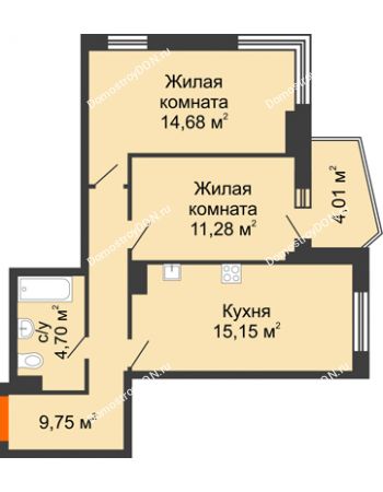 2 комнатная квартира 57,86 м² в ЖК Сердце Ростова 2, дом Литер 1
