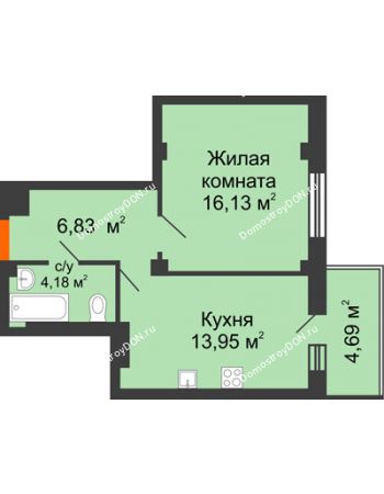 1 комнатная квартира 42,49 м² - ЖК Военвед-Парк