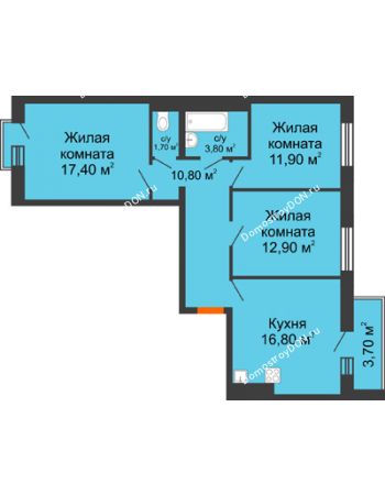 3 комнатная квартира 76,4 м² в ЖК 5 Элемент (Пятый Элемент), дом Корпус 5-4