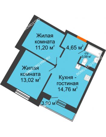 2 комнатная квартира 48,23 м² в ЖК Ватсон, дом № 7