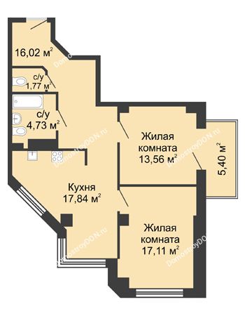 2 комнатная квартира 72,65 м² в ЖК Мега, дом № 2