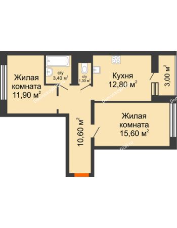2 комнатная квартира 57,1 м² в ЖК 5 элемент Аске, дом Корпус 5-7 (Монолит)