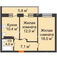 2 комнатная квартира 54,1 м² в ЖК Отражение, дом Литер 2.1 - планировка