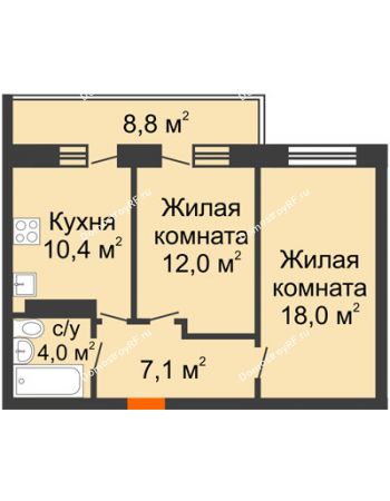 2 комнатная квартира 54,1 м² в ЖК Отражение, дом Литер 2.1