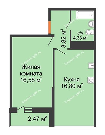 1 комнатная квартира 41,58 м² в ЖК Рекорд, дом № 90/2, блок 1,2