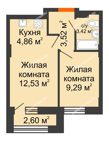 2 комнатная квартира 34,97 м² - ЖК Каскад на Куйбышева