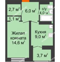1 комнатная квартира 39,25 м² в ЖК Заречье, дом № 1, секция 2 - планировка