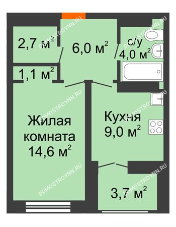 1 комнатная квартира 39,25 м² в ЖК Заречье, дом №1, секция 2