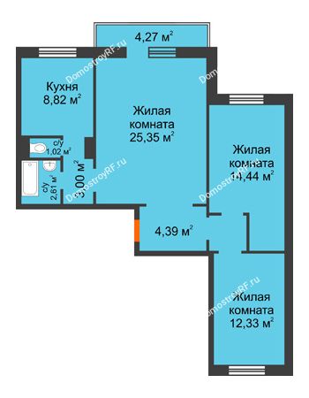 3 комнатная квартира 75,13 м² в ЖК Плодово-Ягодный, дом № 1
