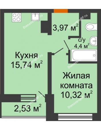 1 комнатная квартира 34,43 м² в ЖК Краснолесье, дом ГП-4