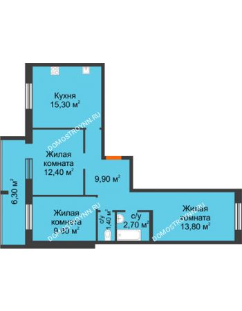 3 комнатная квартира 68,5 м² в ЖК Удачный 2, дом № 1