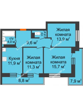 3 комнатная квартира 73,1 м² в ЖК Отражение, дом Литер 2.1