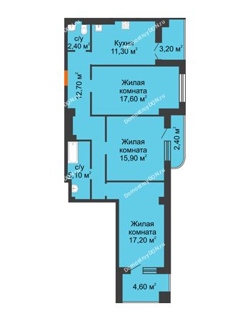 3 комнатная квартира 92,4 м² в ЖК Парк Островского 2, дом № 1