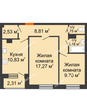 2 комнатная квартира 54,53 м² - ЖК Дом на Чаадаева