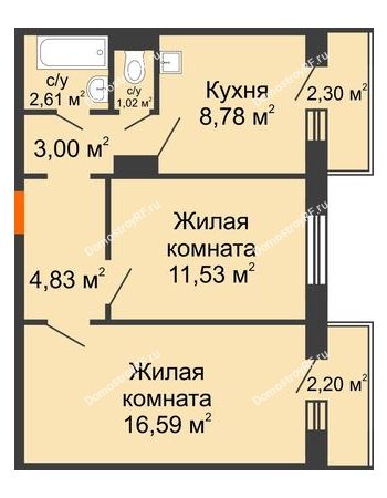 2 комнатная квартира 49,72 м² в ЖК Иннoкeнтьeвcкий, дом № 6