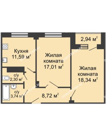 2 комнатная квартира 62,78 м² в ЖК Облака, дом № 1